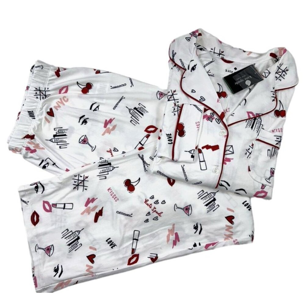 Kate Spade New York Size Medium Women's 2PC Notch Pajama Set White I Love
